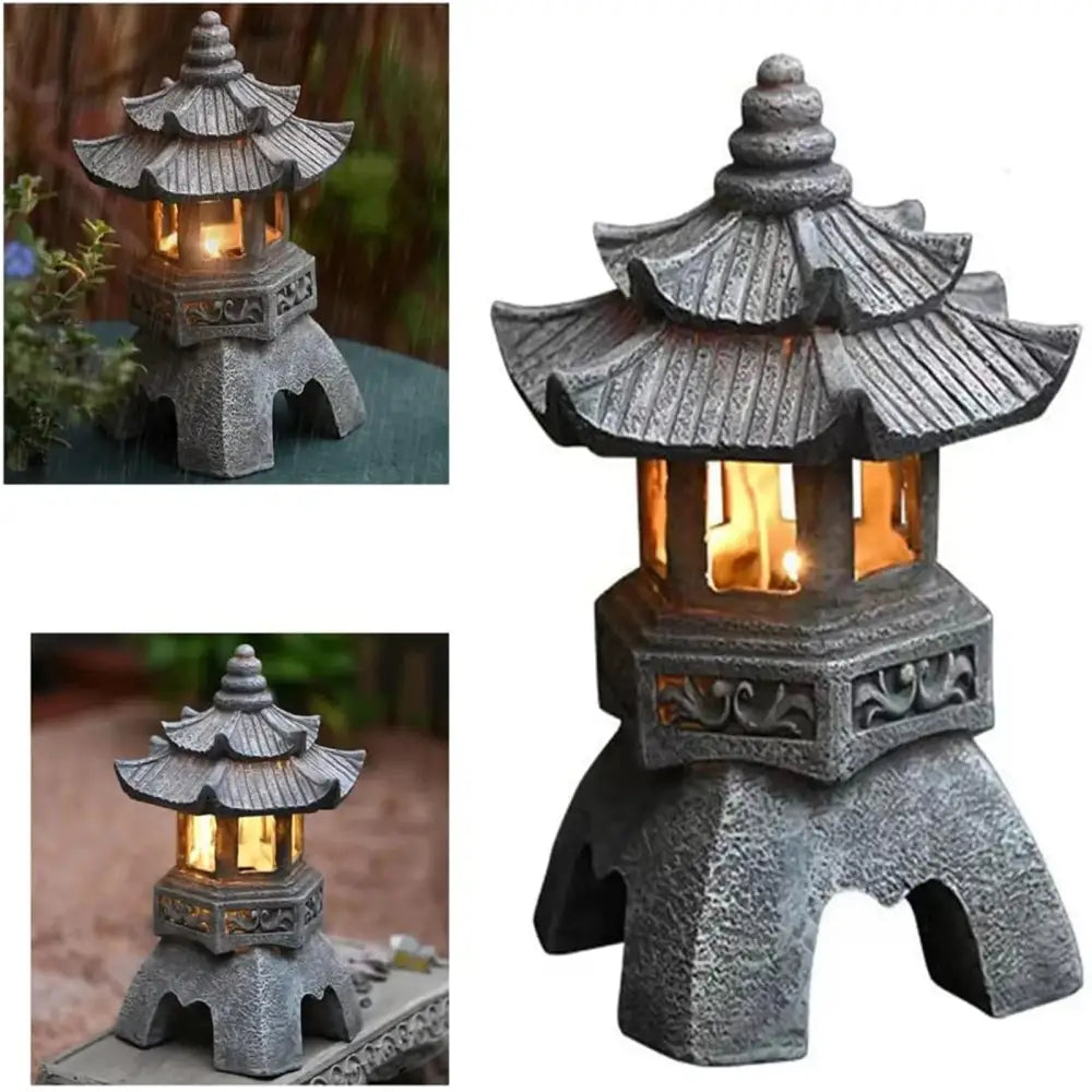 Zen Solar Stone Pagoda Garden Statue Waterproof Outdoor Oriental Lantern Decor