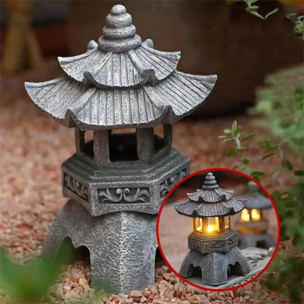 Zen Solar Stone Pagoda Garden Statue Waterproof Outdoor Oriental Lantern Decor