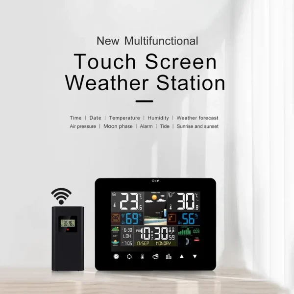 Multifunctional Weather Station Alarm Clock – Touch Screen Thermometer, Hygrometer, Wireless Sensor, Sunrise & Sunset Display - Image 4