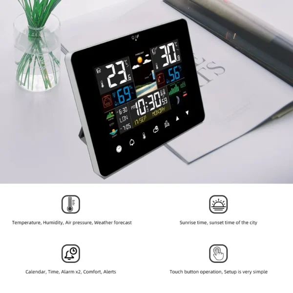 Multifunctional Weather Station Alarm Clock – Touch Screen Thermometer, Hygrometer, Wireless Sensor, Sunrise & Sunset Display - Image 6