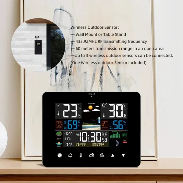Multifunctional Weather Station Alarm Clock – Touch Screen Thermometer, Hygrometer, Wireless Sensor, Sunrise & Sunset Display - Image 3