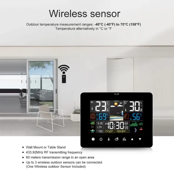 Multifunctional Weather Station Alarm Clock – Touch Screen Thermometer, Hygrometer, Wireless Sensor, Sunrise & Sunset Display - Image 2